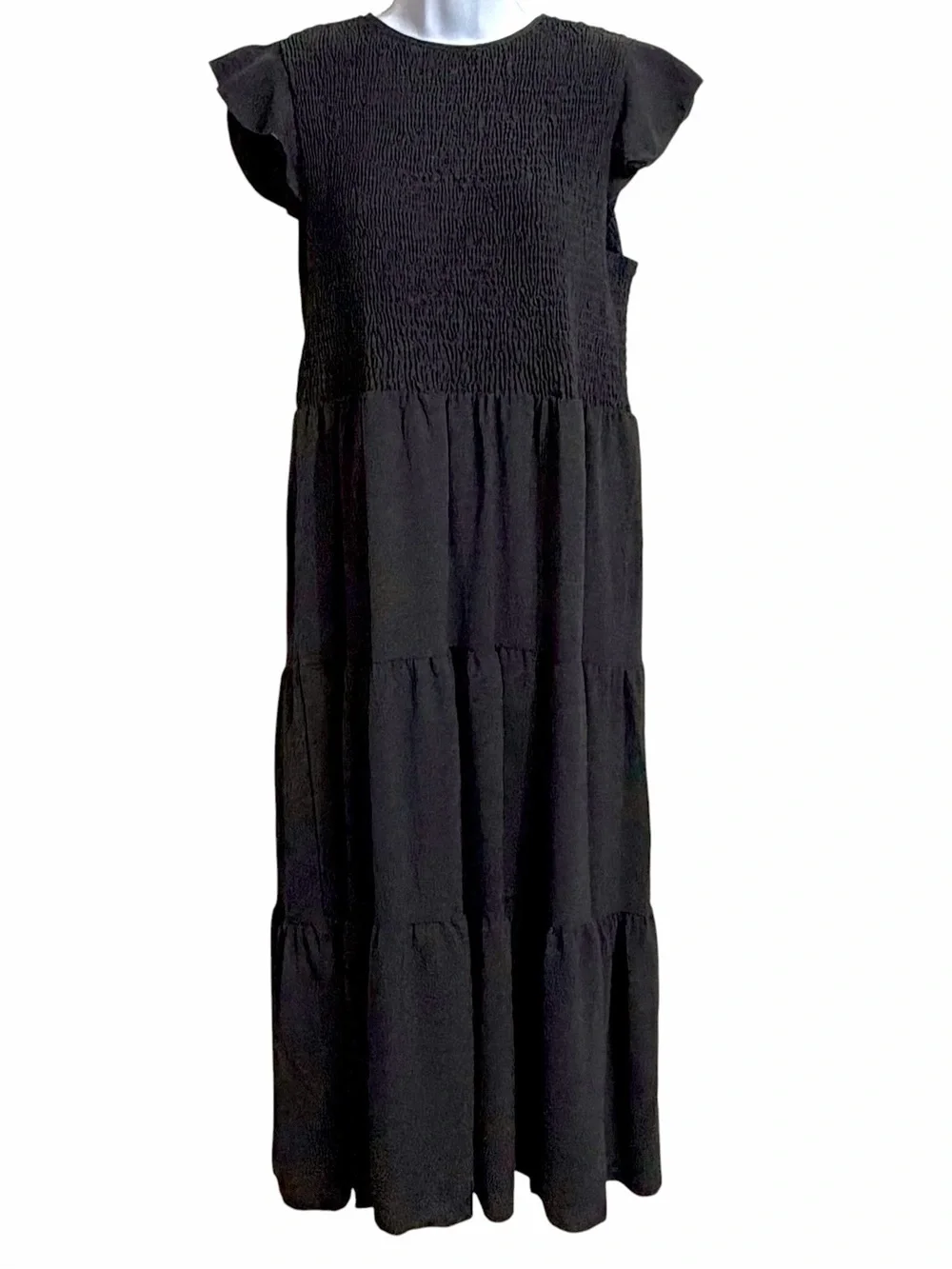 Boho Tiered Smocked Midi Dress Womens XL Black Flutter Sleeve Dark Cottagecore - Picture 1 of 7